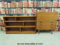 A retro bureau with three drawers below (width 92cm) together with a large bookcase.