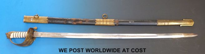A replica 1827 pattern naval officer's sword in brass and leather sheath,