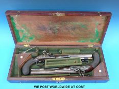 A pair of Bass 28 bore flintlock pistols with 10