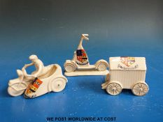 Three pieces of Carlton crested ware to include a motorcycle and side car with rider,