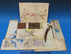 WWII linen backed maps, mainly UK, RAF cartoon,