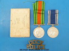 WWII Exemplary Police Service and Defence medals awarded to Sgt Frederick Rose & a Dock Police cap