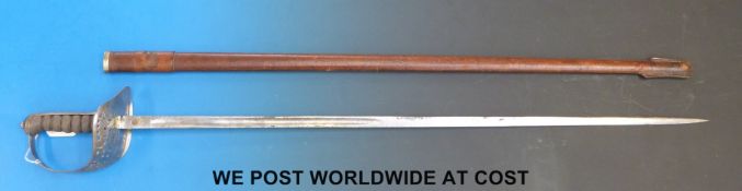 An 1897 pattern infantry officers levee sword by Mole, in leather scabbard.