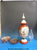 A large painted glass vase, height 64cm, carnival glass items and a very large glass stopper.