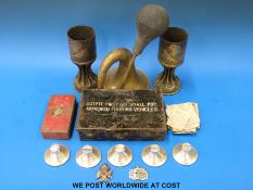 Five NAAFI mess card holders, a first aid box with a ministry mark,