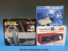 Scarlett 2i2 Focusrite USB recording interface together with a pair of Xenta wireless stereo