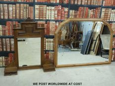 A pine bevelled edge mirror (overall width 135cm) together with a further mirror with drawers