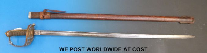 An 1857 pattern Royal Engineer officer's sword in leather scabbard, possibly by Pillin, blade No.