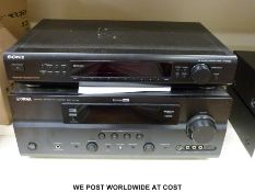 A Yamaha AV amplifier (DSP-AX763) together with a Sony FM Stereo FM/AM tuner (ST-SE520) with