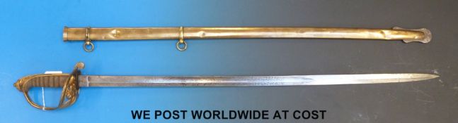 An 1845 pattern infantry officer's sword in brass scabbard by W. Buckmaster, London.