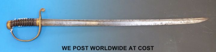 A 19thC brass handled short sword, the blade marked R.