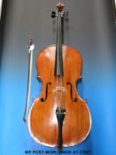 A 19thC half sized cello impressed Bertrand verso (length of back 29.