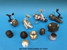 A collection of fishing reels including Mitchell 300, Avocet, Fighter 3000 Rapid,