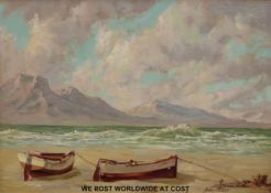 Johan Oldert (South African 1912-1984) oil on canvas beach with boats, sea and mountains beyond,