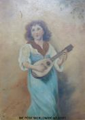 Italian School oil on canvas of a female mandolin player titled 'Mandolinata' and dated 1889 (35 x