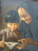 A framed oil on canvas of an Oriental lady showing a book to a child,