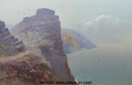 H W Hicks (1880 - 1944) watercolour gouache coastal scene (14 x 23cm)