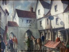 Reginald John Mitchell (b1923) oil on canvas of a village scene with fruit and vegetable stall