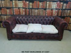 Chesterfield red leather button back three seat sofa