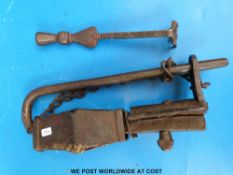 An ancient wrought iron Nepalese or similar temple lock and key