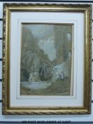 Watercolour of figures by ruined buildings, indistinctly signed possibly Julius Hayter,