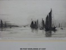 Wyllie etching steam paddle tugs and sailing ships (13 x 29cm);