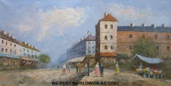 Burnett oil on canvas possibly Parisian street scene in gilt frame (60 X 120cm)