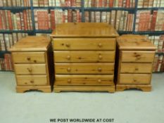 Pine chest of drawers (W77 x D48 x H77cm) and two matching bedside cabinets.