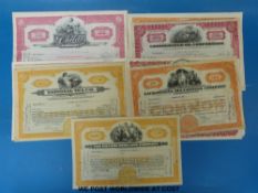 Twenty five share certificates including Prairie Pipeline Co, tea, railway,