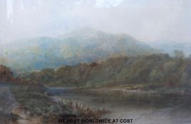 Albert Pollitt (1856-1926) watercolour of a fisherman beside the river (35 x 56cm)