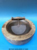 An antique, possibly elm cutting bowl with mezzaluna cutter,