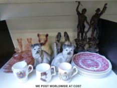 A quantity of collectables to include figures of a miner and metalworker, glassware,