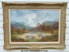 Prudence Turner (b1930) Oil on canvas cattle watering in a highland river valley (49 x 74cm)