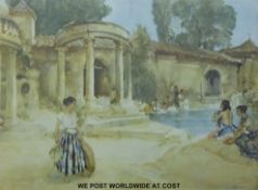 Signed Russell Flint print of bathers by a classical pool (43 x 57cm)
