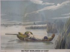 Henry Alken print 'Sledging Working up to a Wake', of a man duck shooting on the Norfolk broads.