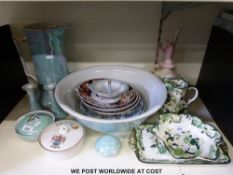 Three pieces of Masons Chartreuse pattern, a lustre dressing table set,