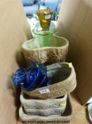 A large quantity of stoneware 'Hillstonia' planters together with a quantity of glass vases etc