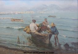 Giuseppe Giardiello (Italian 1877 - 1920) oil on canvas of four fishermen coming ashore in a boat