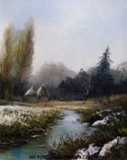 Peter Snell modern oil on canvas of a forested river valley (19 x 24cm)