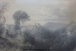 W H Bartlett (1809 - 1854) pencil and watercolour Victorian view of Painswick from Pitchcombe,