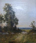 L Richards (pseudonym of David Sherrin) oil on canvas of shepherd with sheep on a tree-lined track