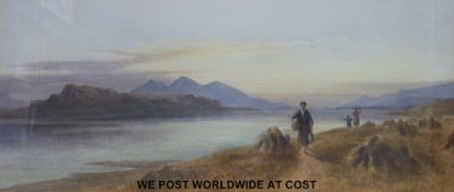 A Victorian watercolour of a trio gathering stooks at Oban, painted by Miss M.
