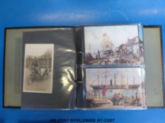 Two small postcard albums including WWI motorcycles, clocks, trains, steam engines etc,