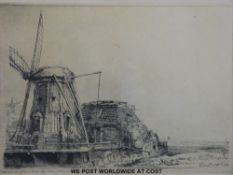Rembrandt Van Rijn dry point etching of a windmill and buildings dated 1641 (15 x 21cm).