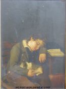 Three 19thC shooting/fishing prints and a 19thC oil on board of a boy with a puppy (24 x 17cm)