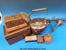 A collection of boxes, copper kettle,