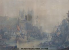 A 19thC coloured engraving 'Westminster Abbey and Bridge,