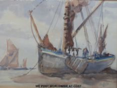 Pat Jobson watercolour of boats on sand,