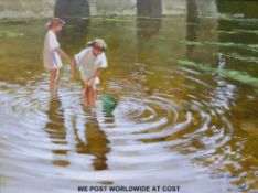 John Haskins oil on board children in stream with 1995 receipt verso (29 x 39cm)
