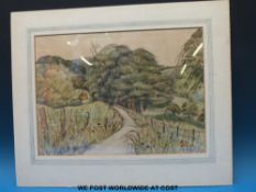Edward Bowden original watercolour and ink drawing of a countryside setting with a fenced off track